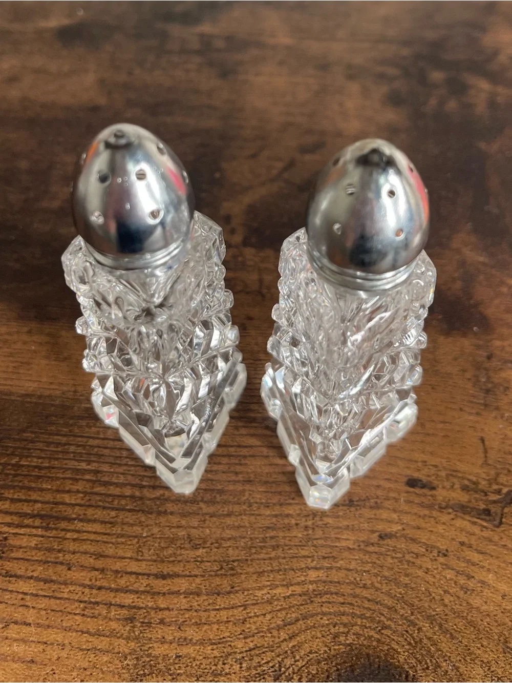 Clear Cut Glass Salt and Pepper Shakers with Silver Tops